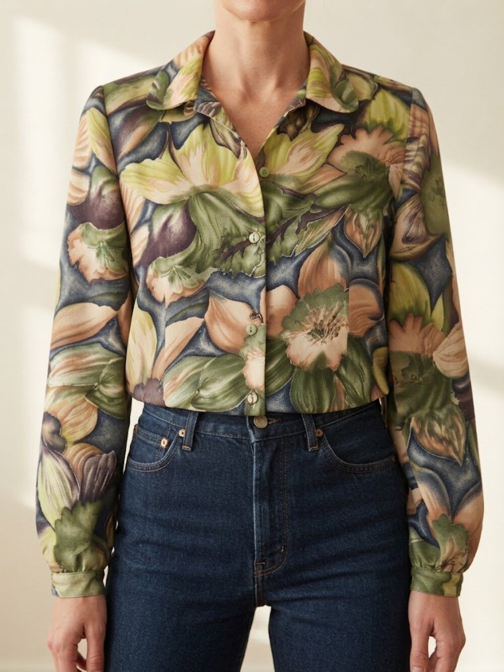 Vintage Abstract Fall Floral Long Sleeve Button Down Shirt